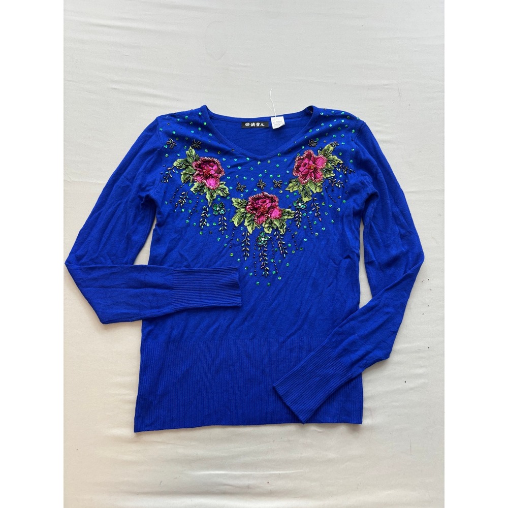 Vintage Floral Embroidered Sequin V-Neck Sweater Royal Blue Long Sleeve Top